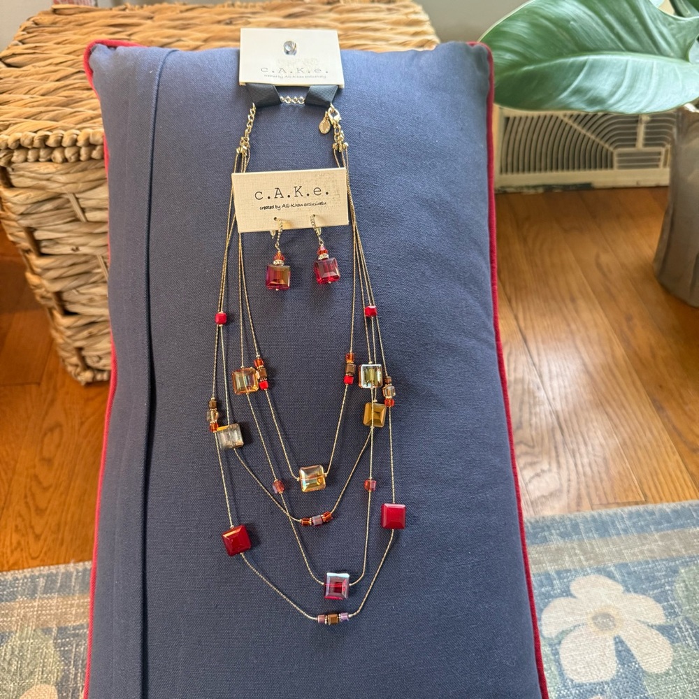 c.A.K.e Glass Bead Layered Necklace & Matching Dangling Earrings Set